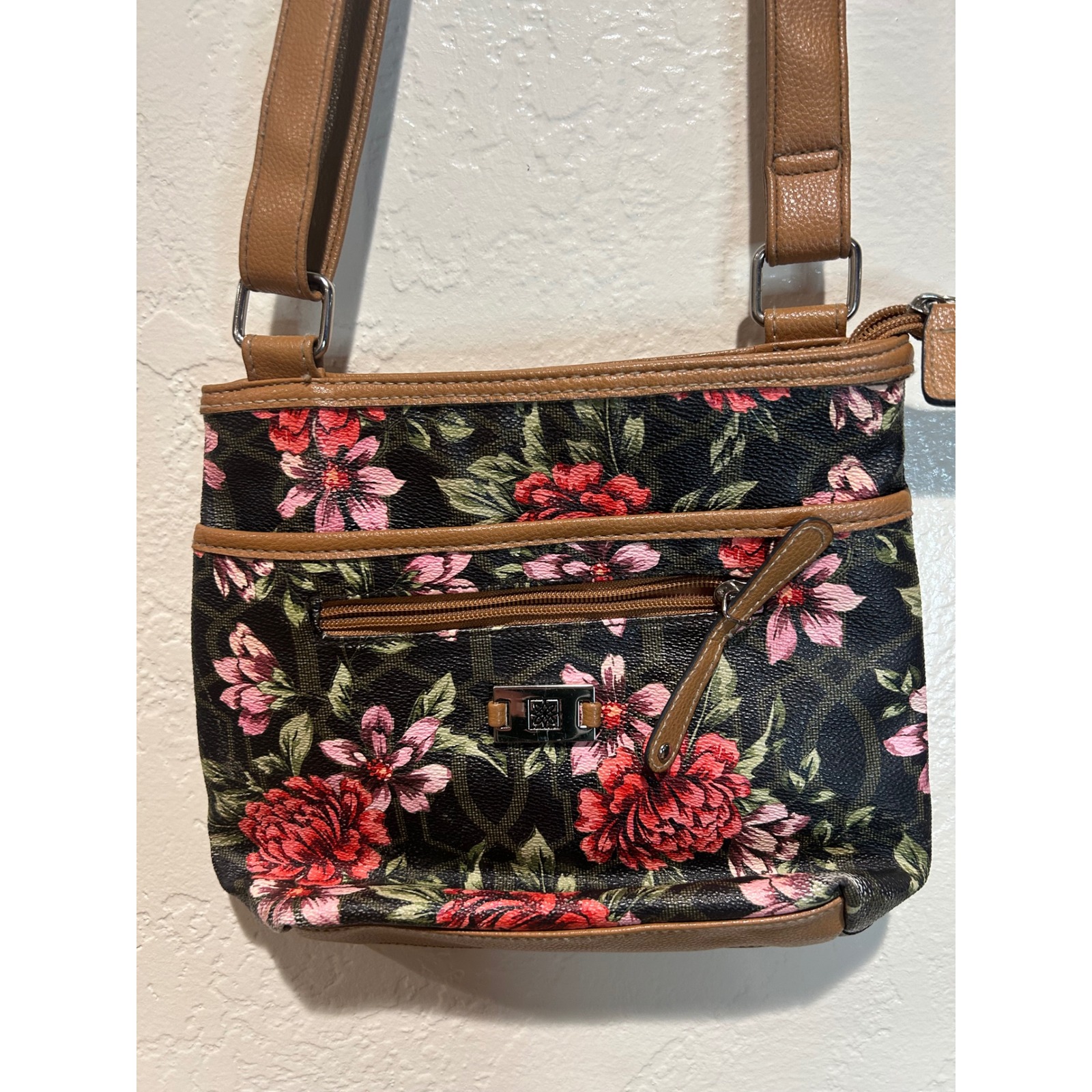 Floral Print Crossbody Bag Black Brown Pink Rose Garden Purse Adjustable